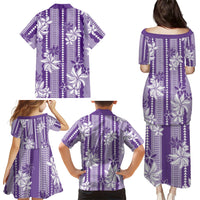 Hawaii Kakau Tribal Family Matching Puletasi and Hawaiian Shirt With Purple Tiare