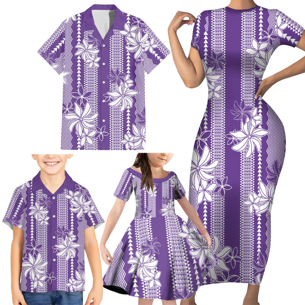 Hawaii Kakau Tribal Family Matching Short Sleeve Bodycon Dress and Hawaiian Shirt With Purple Tiare