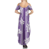 Hawaii Kakau Tribal Family Matching Summer Maxi Dress and Hawaiian Shirt With Purple Tiare