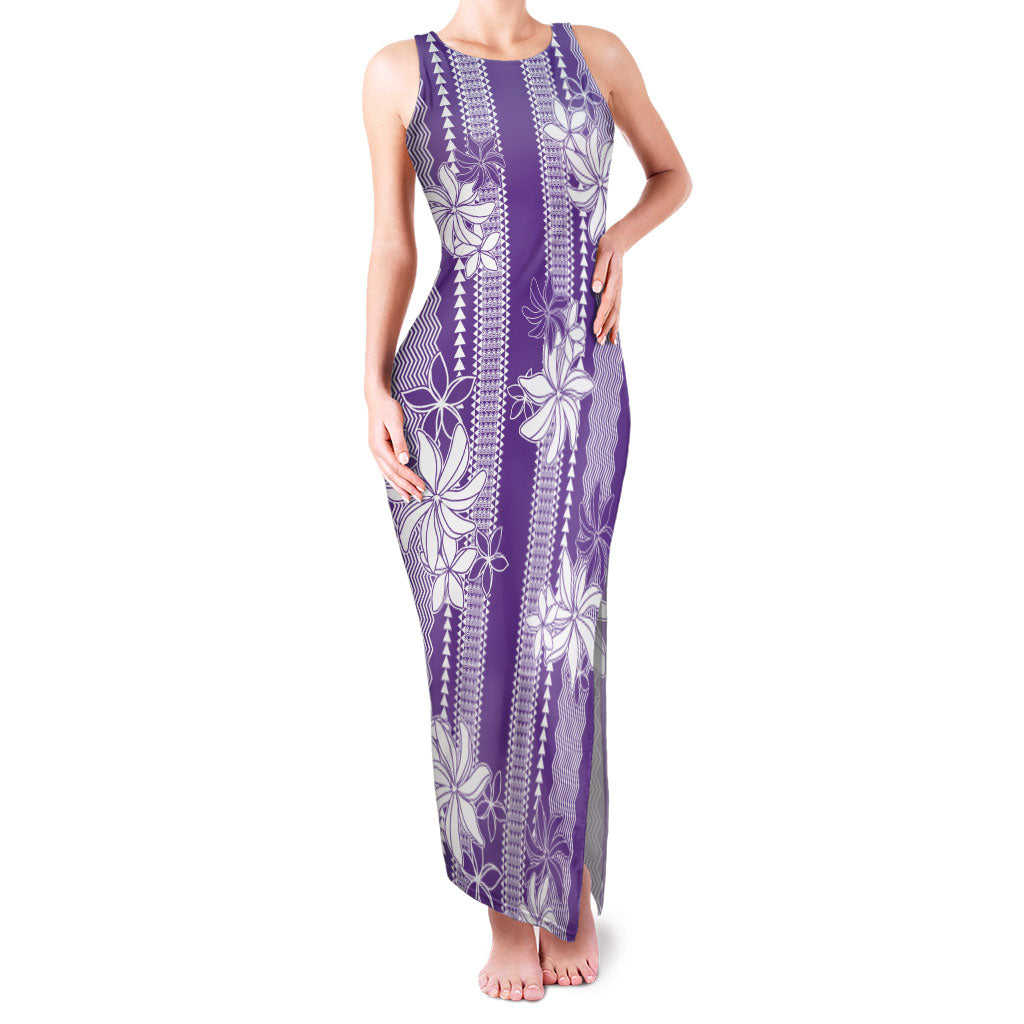 Hawaii Kakau Tribal Family Matching Tank Maxi Dress and Hawaiian Shirt With Purple Tiare