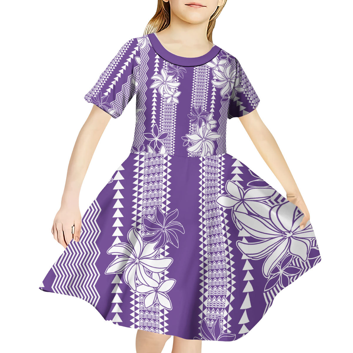 Hawaii Kakau Tribal Kid Short Sleeve Dress With Purple Tiare
