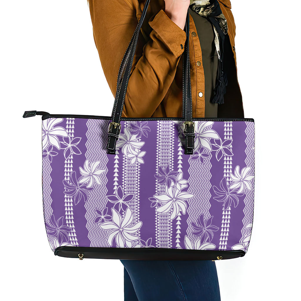 Hawaii Kakau Tribal Leather Tote Bag With Purple Tiare
