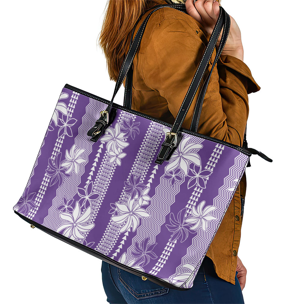 Hawaii Kakau Tribal Leather Tote Bag With Purple Tiare