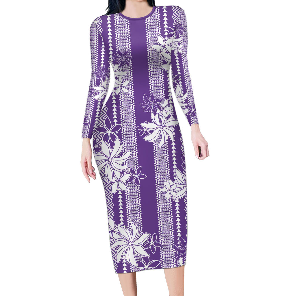 Hawaii Kakau Tribal Long Sleeve Bodycon Dress With Purple Tiare LT05 Long Dress Purple - Polynesian Pride