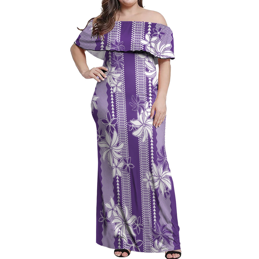 Hawaii Kakau Tribal Off Shoulder Maxi Dress With Purple Tiare