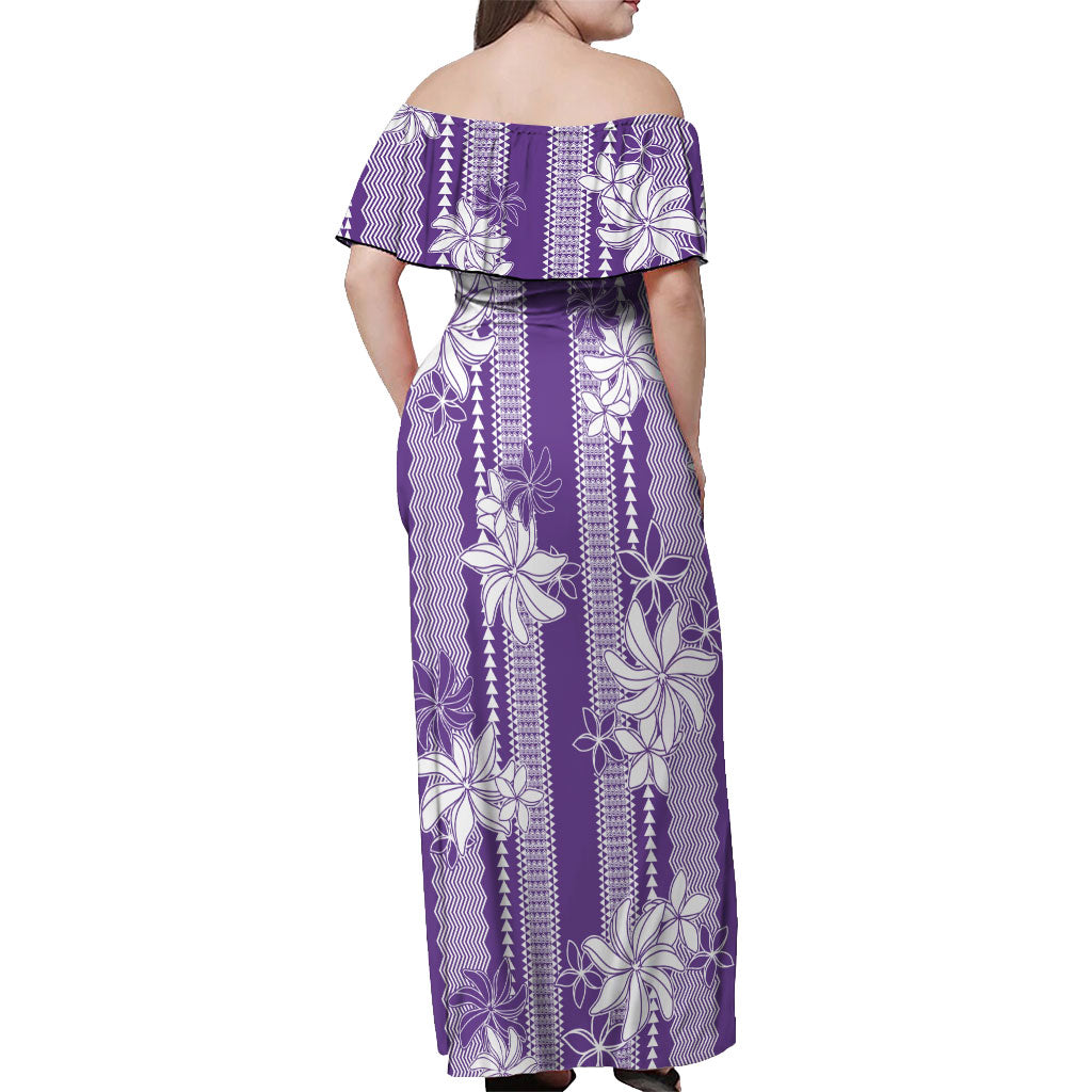Hawaii Kakau Tribal Off Shoulder Maxi Dress With Purple Tiare