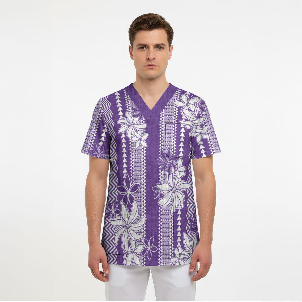 Hawaii Kakau Tribal Scrub Top With Purple Tiare