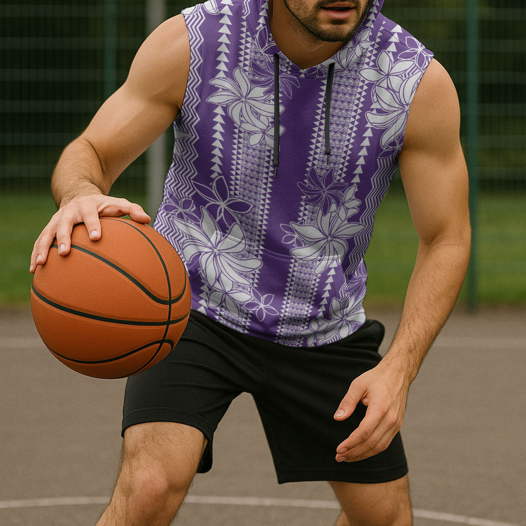 Hawaii Kakau Tribal Sleeveless Hoodie With Purple Tiare