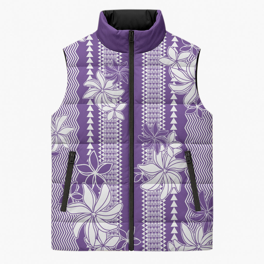 Hawaii Kakau Tribal Sleeveless Puffer Jacket With Purple Tiare
