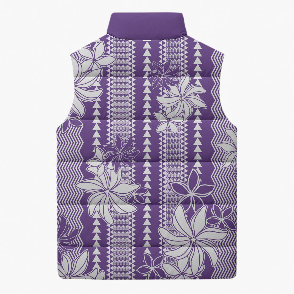 Hawaii Kakau Tribal Sleeveless Puffer Jacket With Purple Tiare