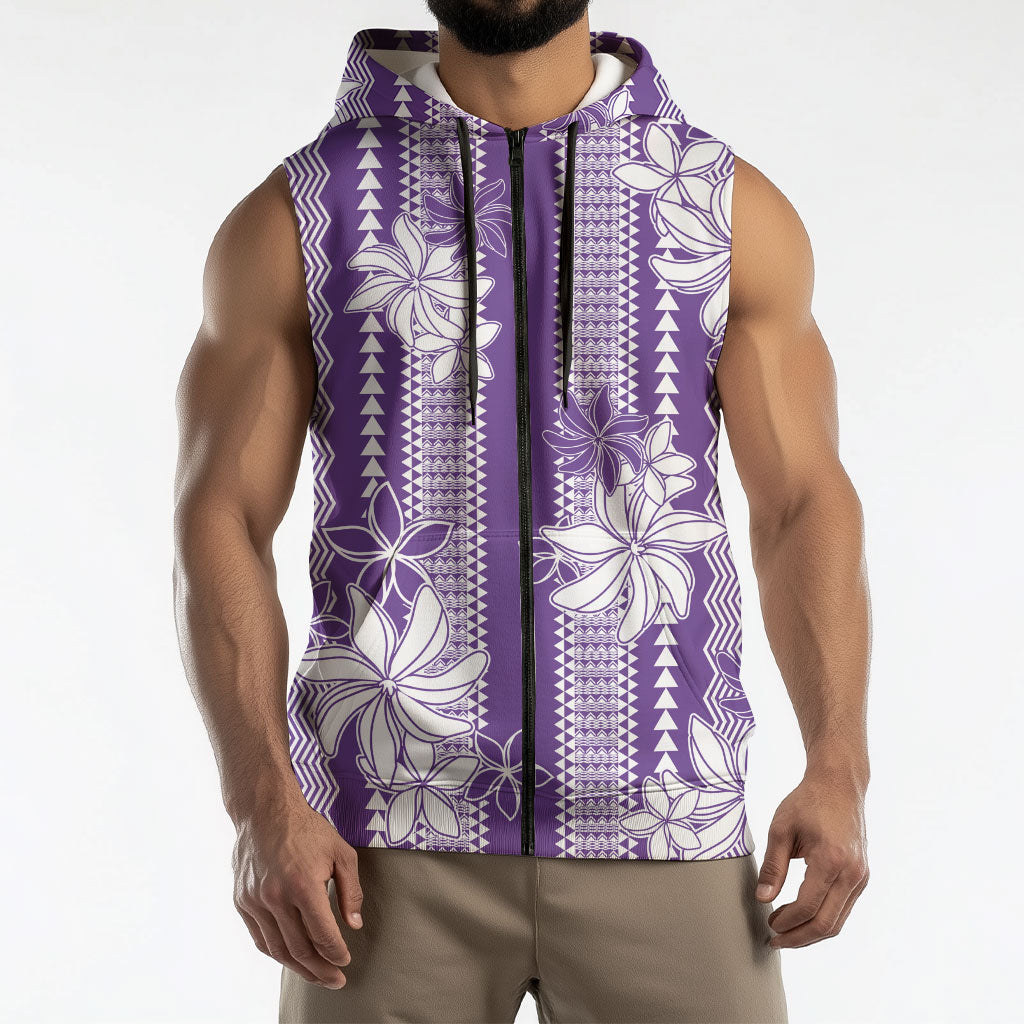 Hawaii Kakau Tribal Sleeveless Zip Hoodie With Purple Tiare