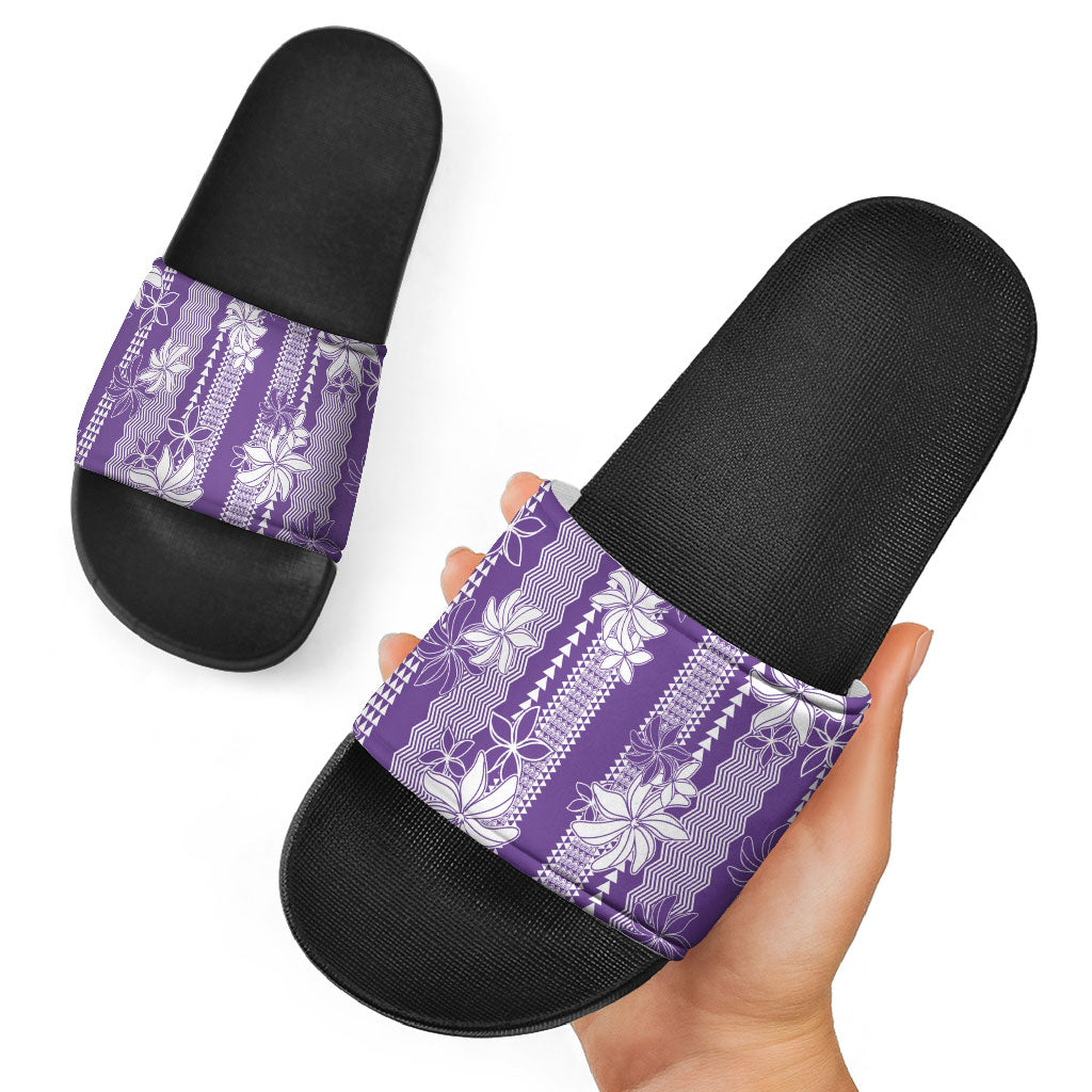 Hawaii Kakau Tribal Slide Sandals With Purple Tiare