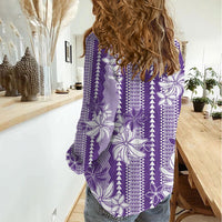 Hawaii Kakau Tribal Women Casual Shirt With Purple Tiare