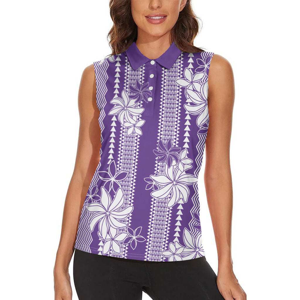 Hawaii Kakau Tribal Women Sleeveless Polo Shirt With Purple Tiare