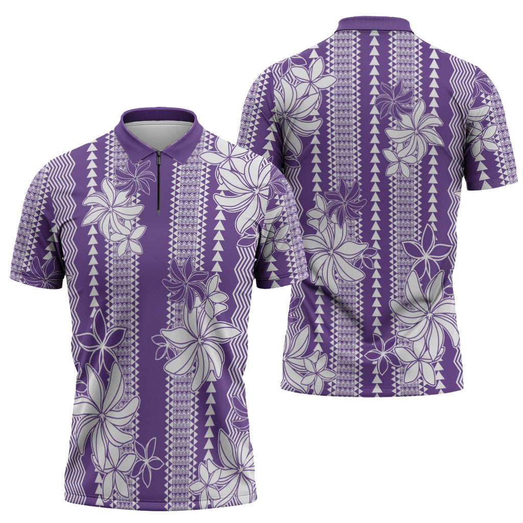 Hawaii Kakau Tribal Zipper Polo Shirt With Purple Tiare