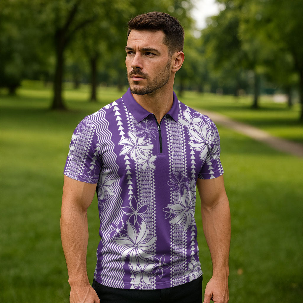 Hawaii Kakau Tribal Zipper Polo Shirt With Purple Tiare