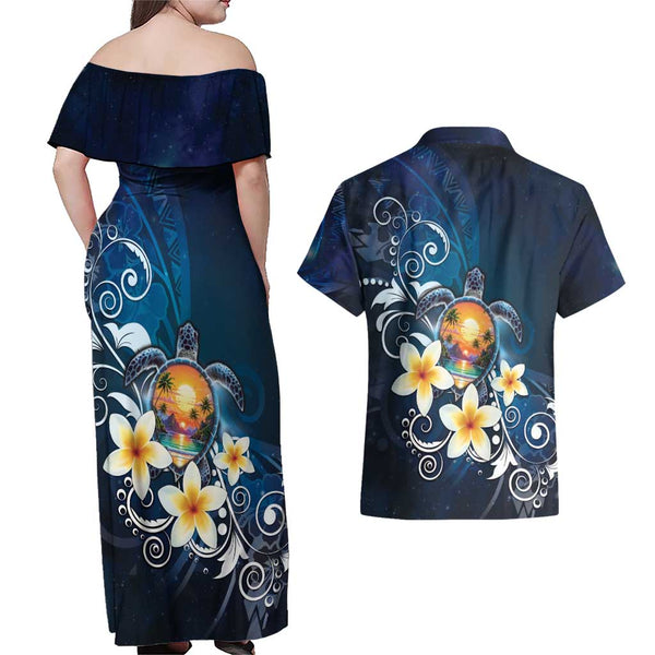 Personalized Cook Islands Rarotonga Couples Matching Off Shoulder Maxi Dress and Hawaiian Shirt Coat Of Arms Plumeria Polynesian Turtle LT05