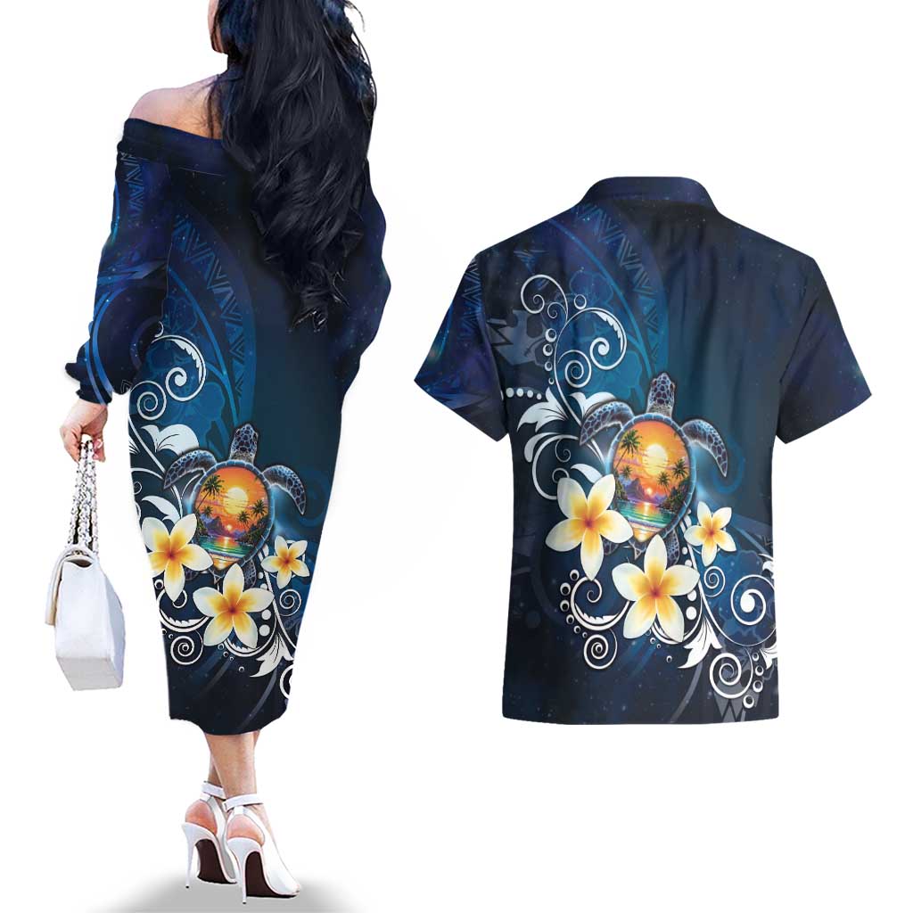 Hawaii Honu Couples Matching Off The Shoulder Long Sleeve Dress and Hawaiian Shirt Polynesian Curves Plumeria - Polynesian Pride