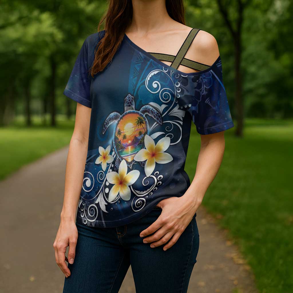 Hawaii Honu Cross Shoulder Shirt Polynesian Curves Plumeria - Polynesian Pride