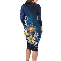 Hawaii Honu Family Matching Long Sleeve Bodycon Dress and Hawaiian Shirt Polynesian Curves Plumeria - Polynesian Pride