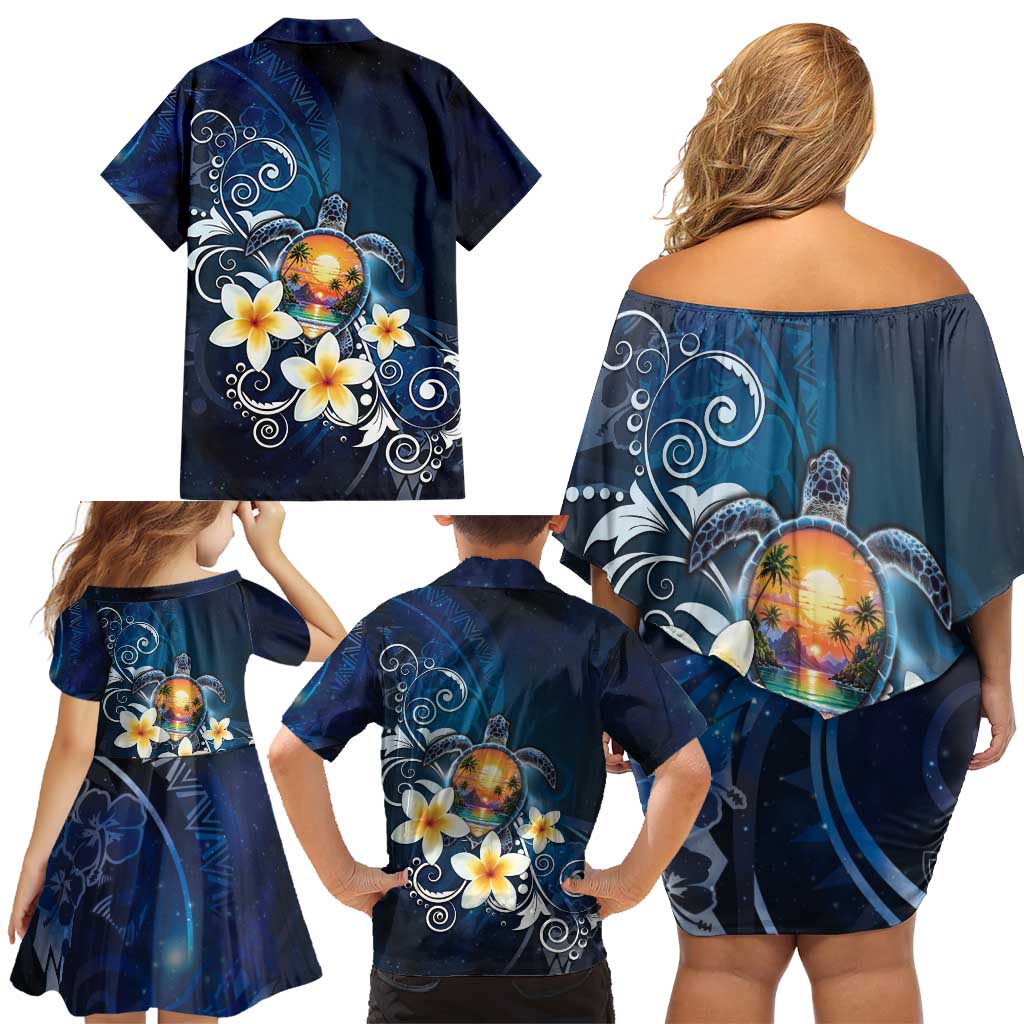 Hawaii Honu Family Matching Off Shoulder Short Dress and Hawaiian Shirt Polynesian Curves Plumeria - Polynesian Pride