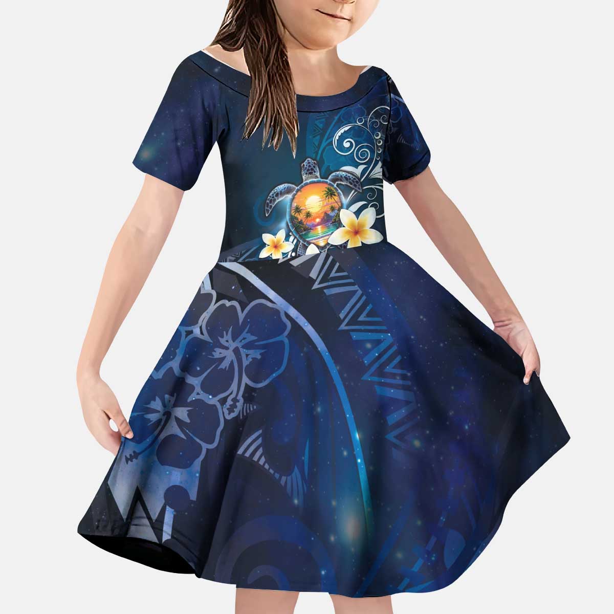 Hawaii Honu Kid Short Sleeve Dress Polynesian Curves Plumeria - Polynesian Pride