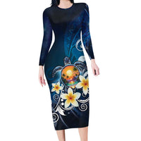Hawaii Honu Long Sleeve Bodycon Dress Polynesian Curves Plumeria - Polynesian Pride