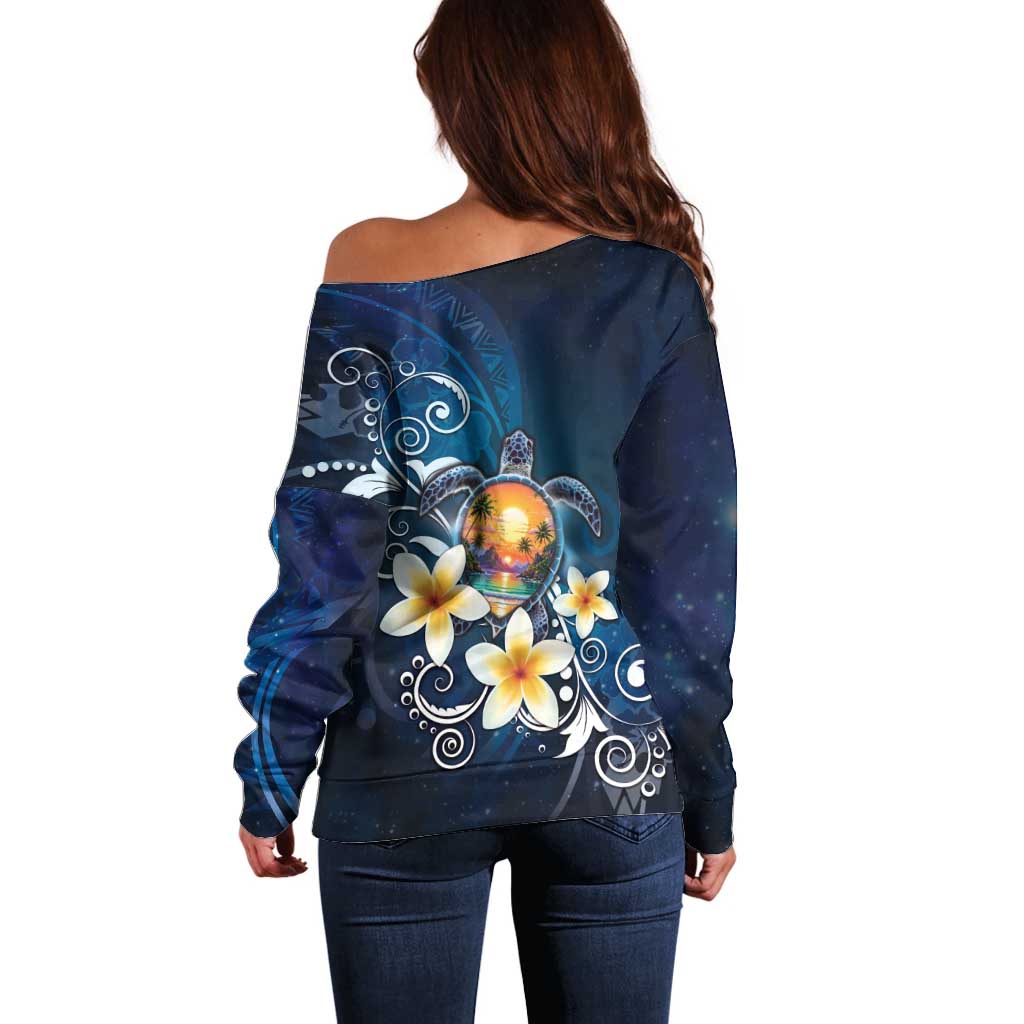Hawaii Honu Off Shoulder Sweater Polynesian Curves Plumeria - Polynesian Pride