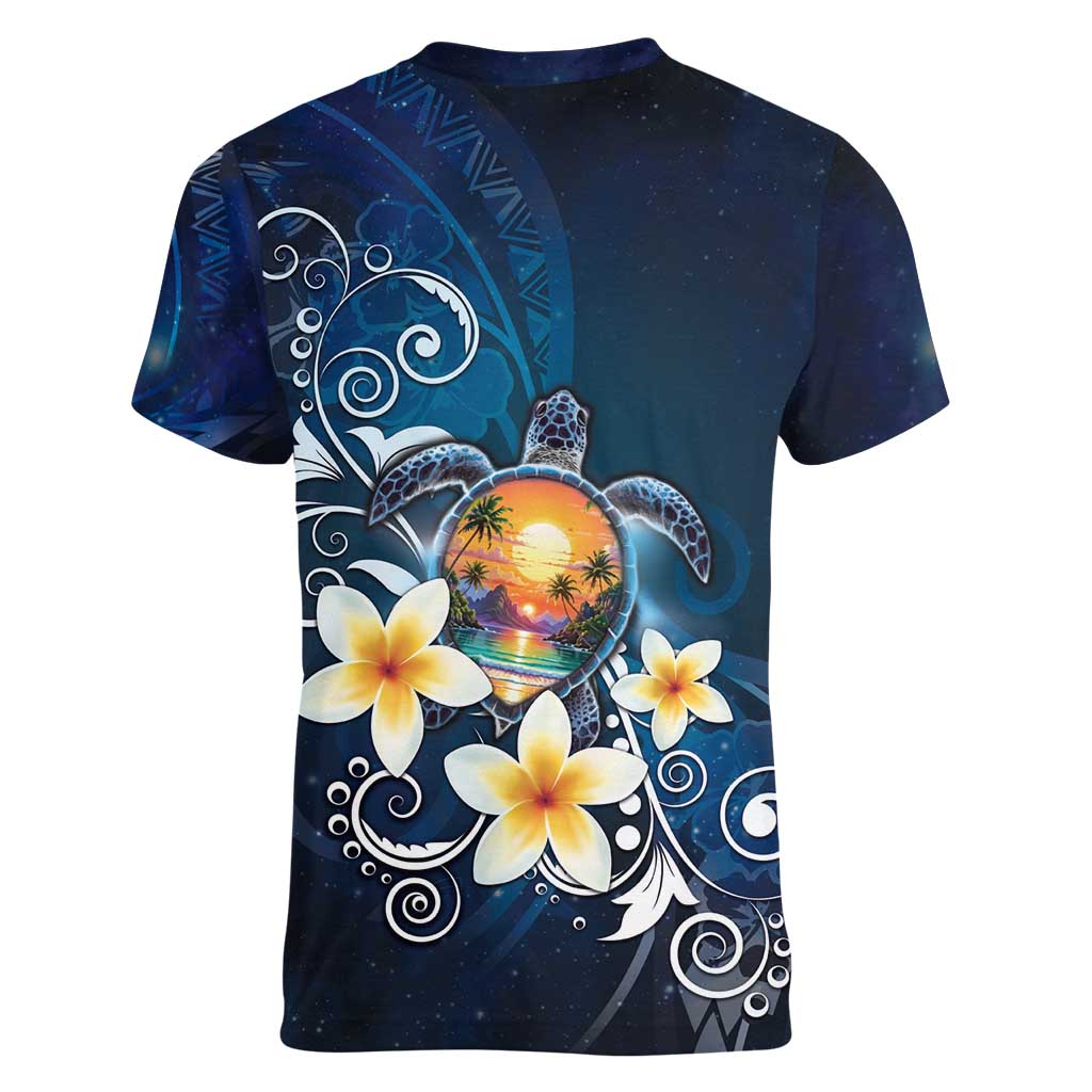Hawaii Honu Women V-Neck T-Shirt Polynesian Curves Plumeria - Polynesian Pride