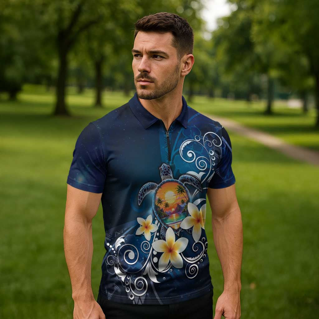 Hawaii Honu Zipper Polo Shirt Polynesian Curves Plumeria - Polynesian Pride