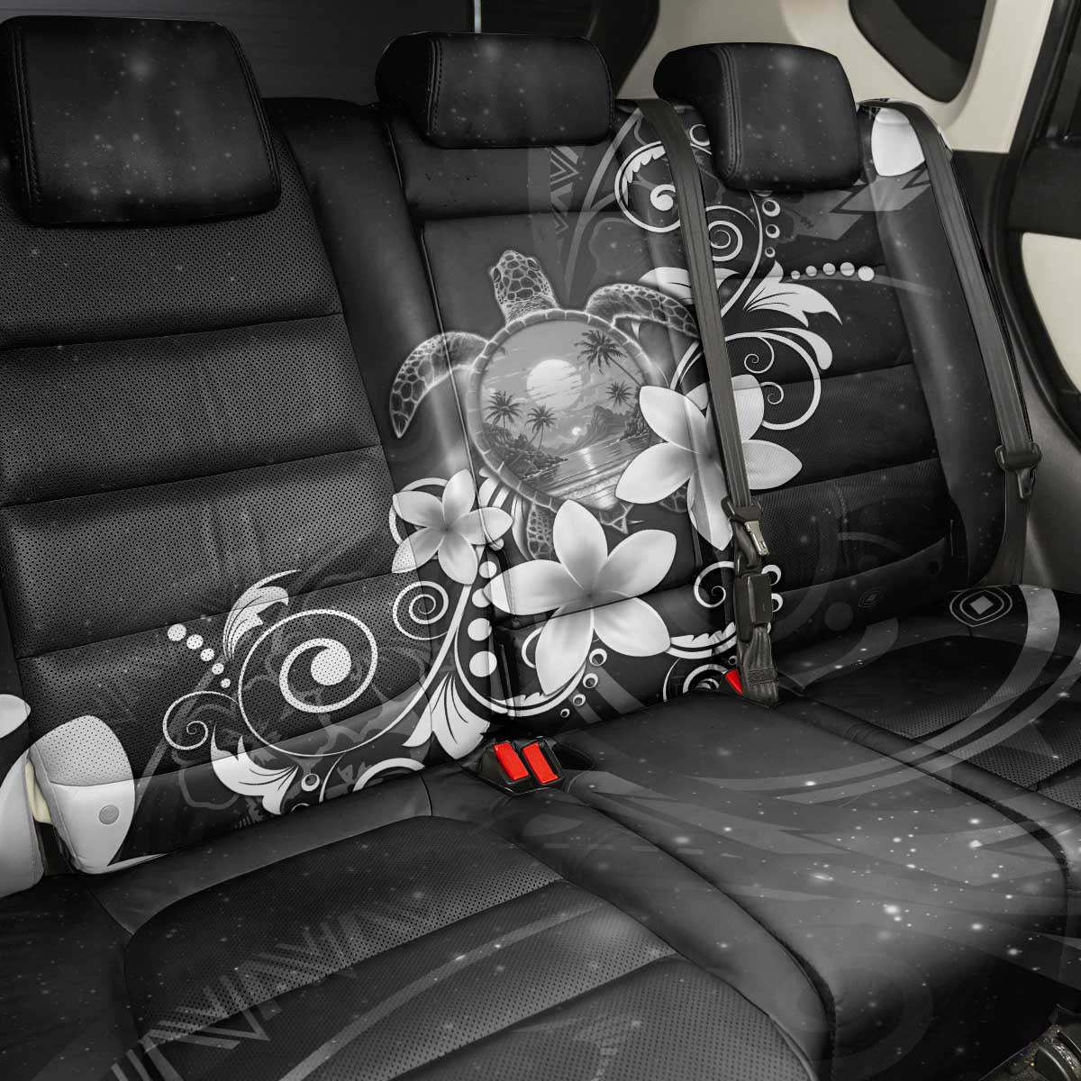 Hawaii Honu Back Car Seat Cover Polynesian Curves Plumeria Grayscale - Polynesian Pride