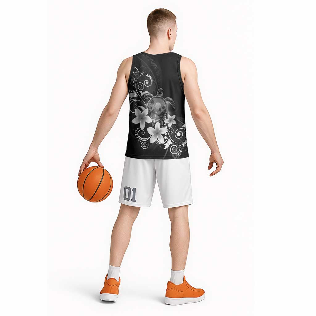 Hawaii Honu Basketball Jersey Polynesian Curves Plumeria Grayscale - Polynesian Pride