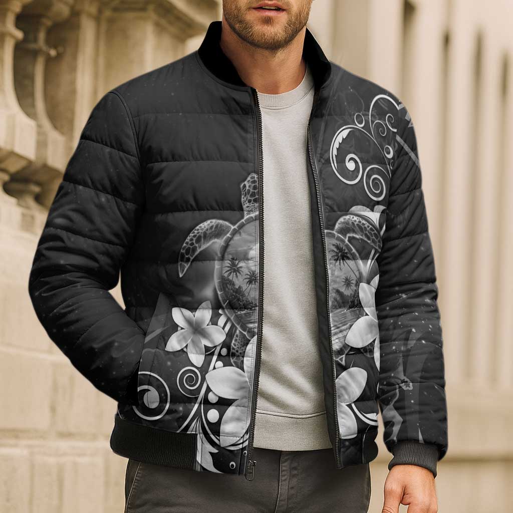 Hawaii Honu Bomber Puffer Jacket Polynesian Curves Plumeria Grayscale - Polynesian Pride