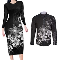 Hawaii Honu Couples Matching Long Sleeve Bodycon Dress and Long Sleeve Button Shirt Polynesian Curves Plumeria Grayscale - Polynesian Pride
