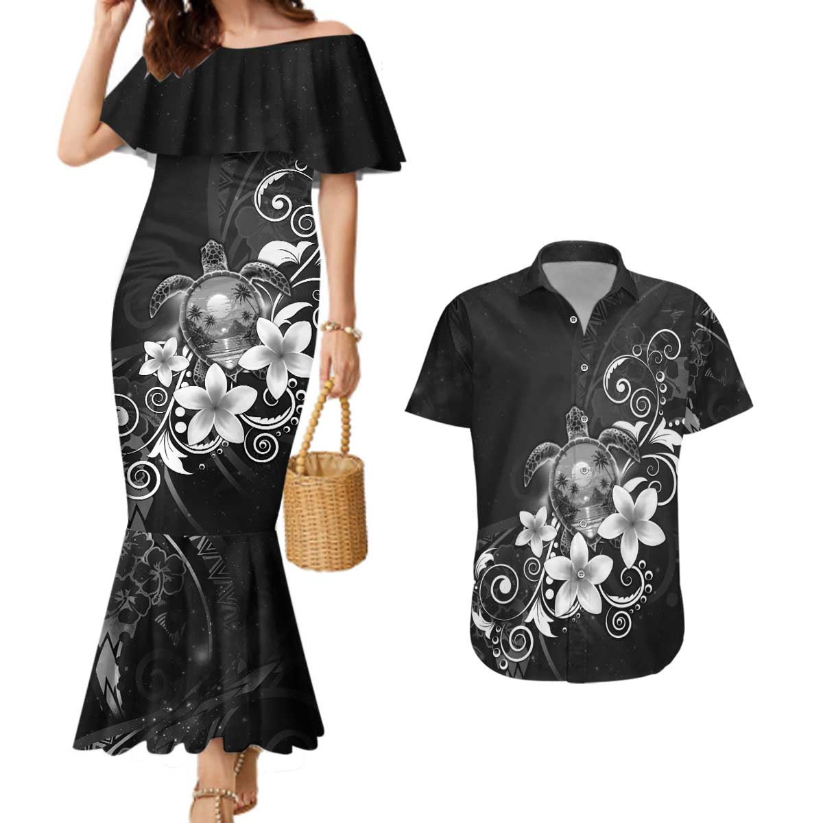 Hawaii Honu Couples Matching Mermaid Dress and Hawaiian Shirt Polynesian Curves Plumeria Grayscale - Polynesian Pride