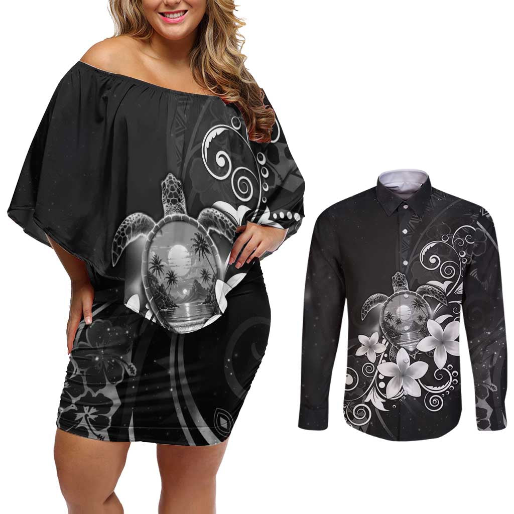 Hawaii Honu Couples Matching Off Shoulder Short Dress and Long Sleeve Button Shirt Polynesian Curves Plumeria Grayscale - Polynesian Pride