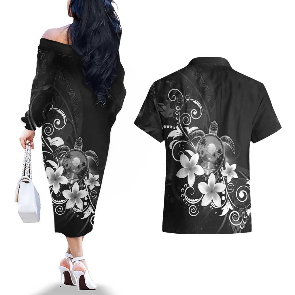 Hawaii Honu Couples Matching Off The Shoulder Long Sleeve Dress and Hawaiian Shirt Polynesian Curves Plumeria Grayscale - Polynesian Pride