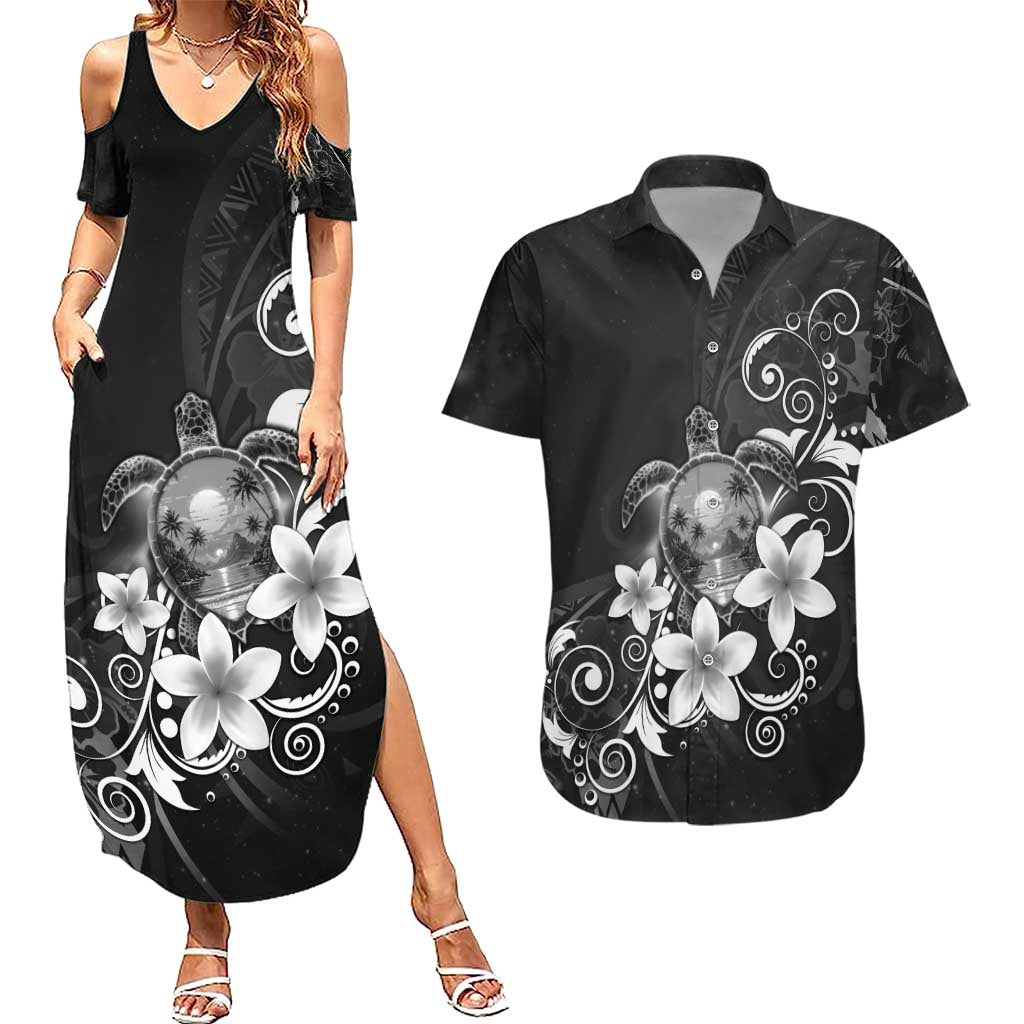 Hawaii Honu Couples Matching Summer Maxi Dress and Hawaiian Shirt Polynesian Curves Plumeria Grayscale - Polynesian Pride