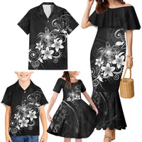 Hawaii Honu Family Matching Mermaid Dress and Hawaiian Shirt Polynesian Curves Plumeria Grayscale - Polynesian Pride