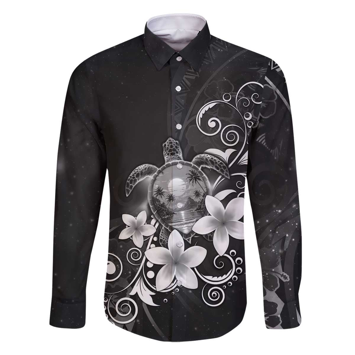 Hawaii Honu Family Matching Off The Shoulder Long Sleeve Dress and Hawaiian Shirt Polynesian Curves Plumeria Grayscale - Polynesian Pride