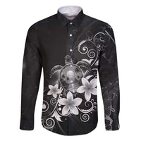 Hawaii Honu Family Matching Off The Shoulder Long Sleeve Dress and Hawaiian Shirt Polynesian Curves Plumeria Grayscale - Polynesian Pride
