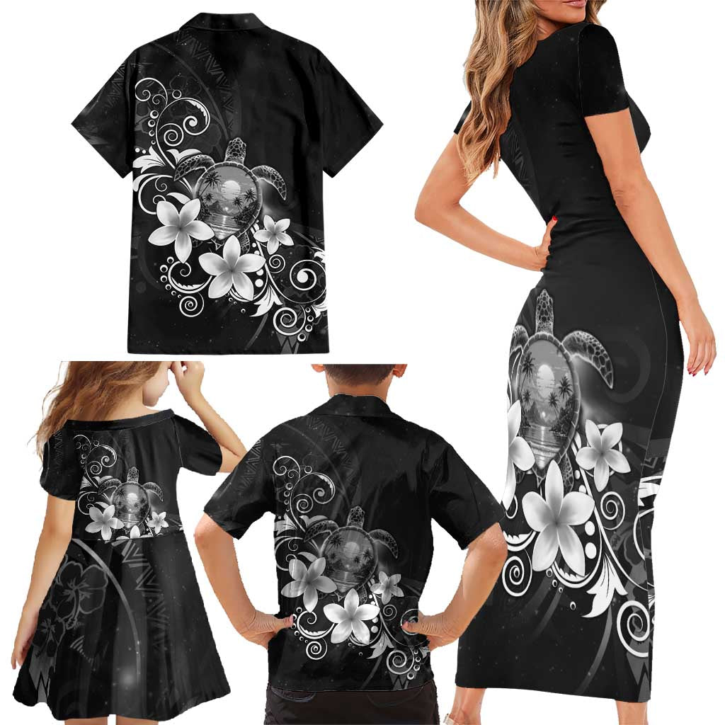 Hawaii Honu Family Matching Short Sleeve Bodycon Dress and Hawaiian Shirt Polynesian Curves Plumeria Grayscale - Polynesian Pride