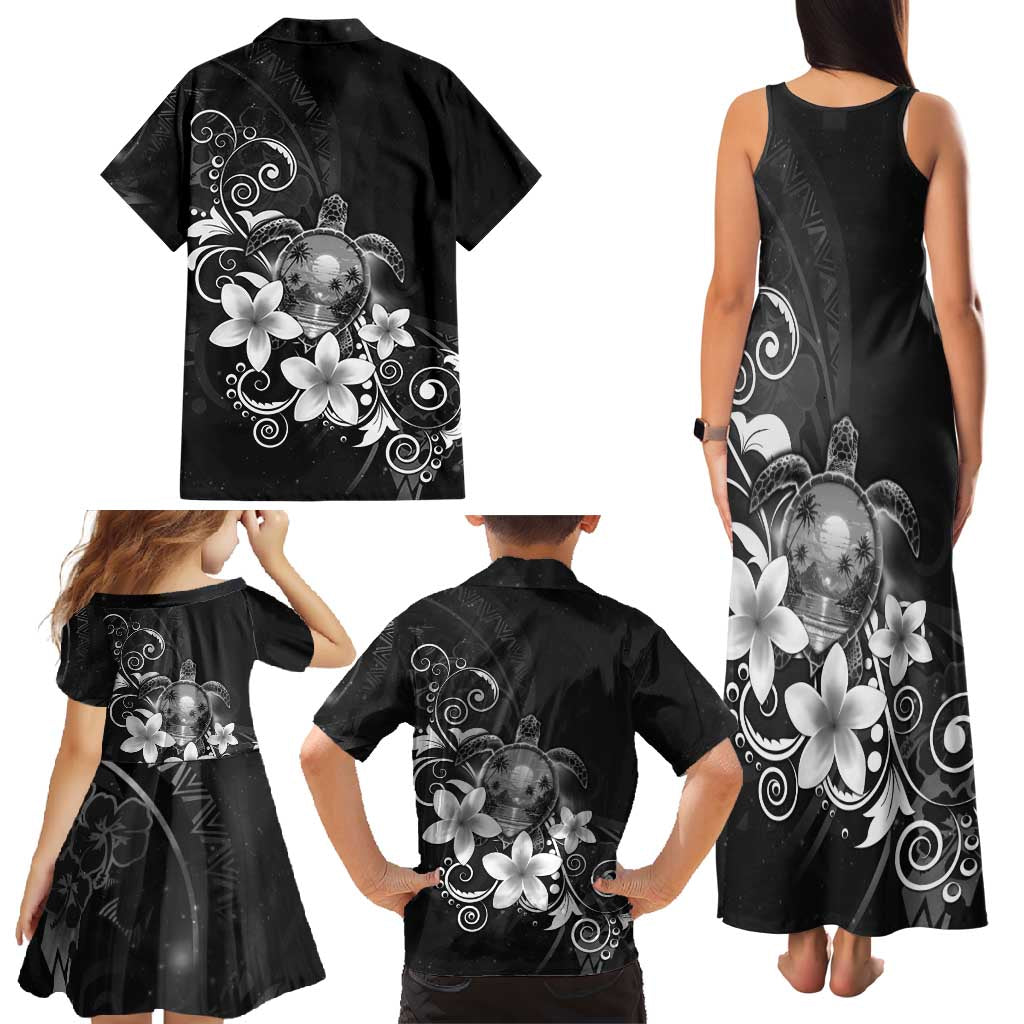 Hawaii Honu Family Matching Tank Maxi Dress and Hawaiian Shirt Polynesian Curves Plumeria Grayscale - Polynesian Pride