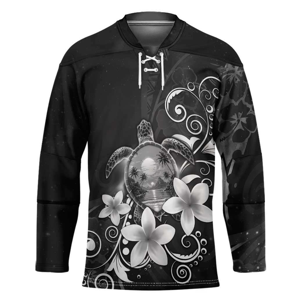 Hawaii Honu Hockey Jersey Polynesian Curves Plumeria Grayscale - Polynesian Pride
