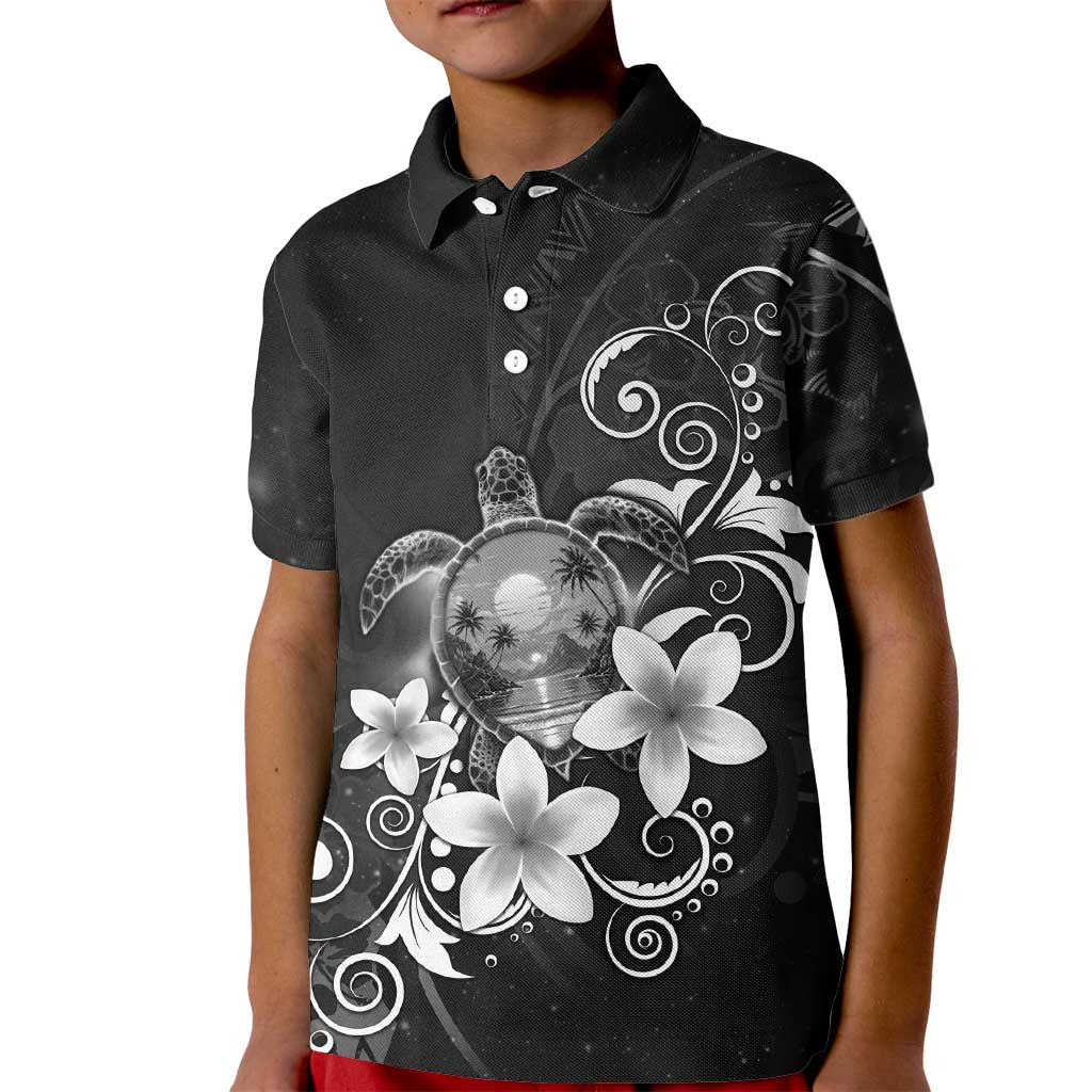 Hawaii Honu Kid Polo Shirt Polynesian Curves Plumeria Grayscale - Polynesian Pride