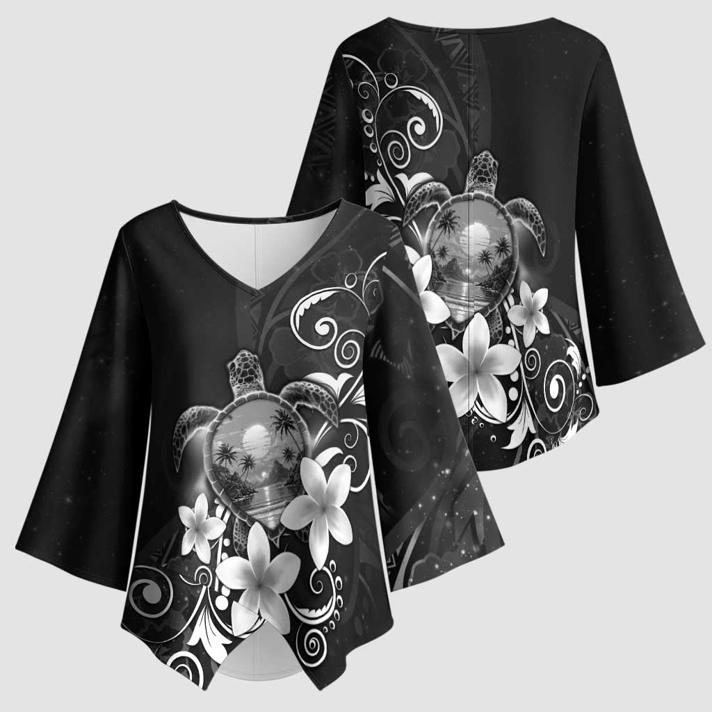 Hawaii Honu Kimono Sleeve Blouse Polynesian Curves Plumeria Grayscale - Polynesian Pride