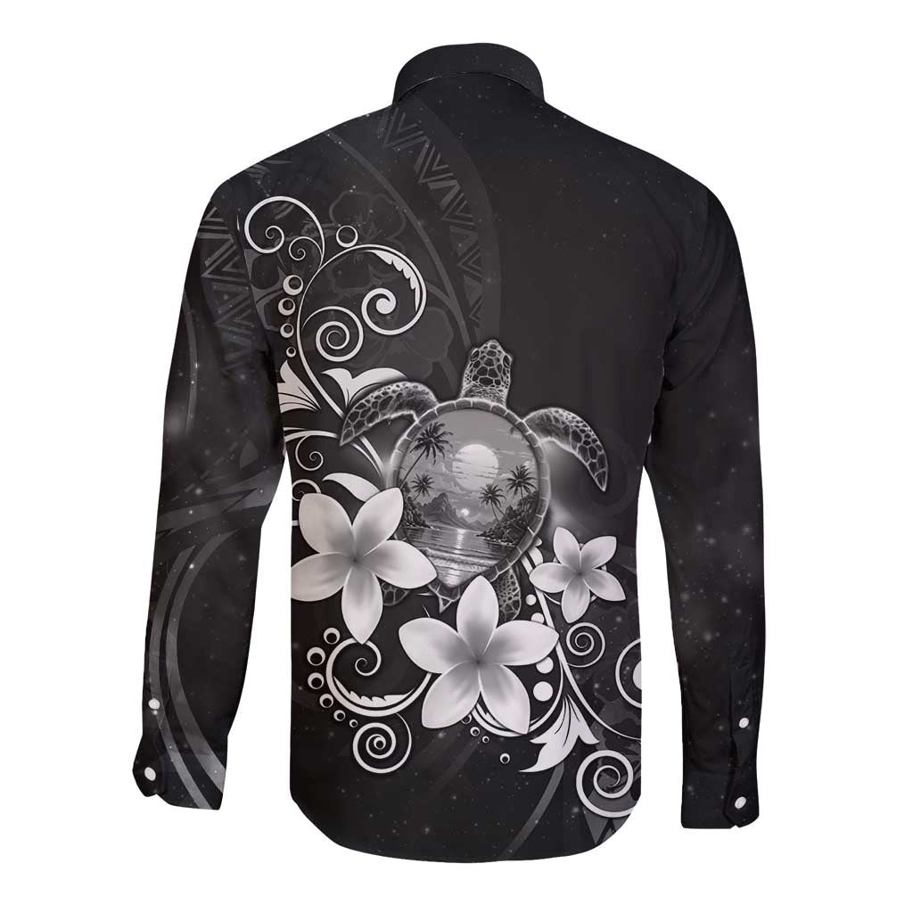 Hawaii Honu Long Sleeve Button Shirt Polynesian Curves Plumeria Grayscale - Polynesian Pride