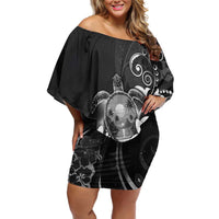 Hawaii Honu Off Shoulder Short Dress Polynesian Curves Plumeria Grayscale - Polynesian Pride