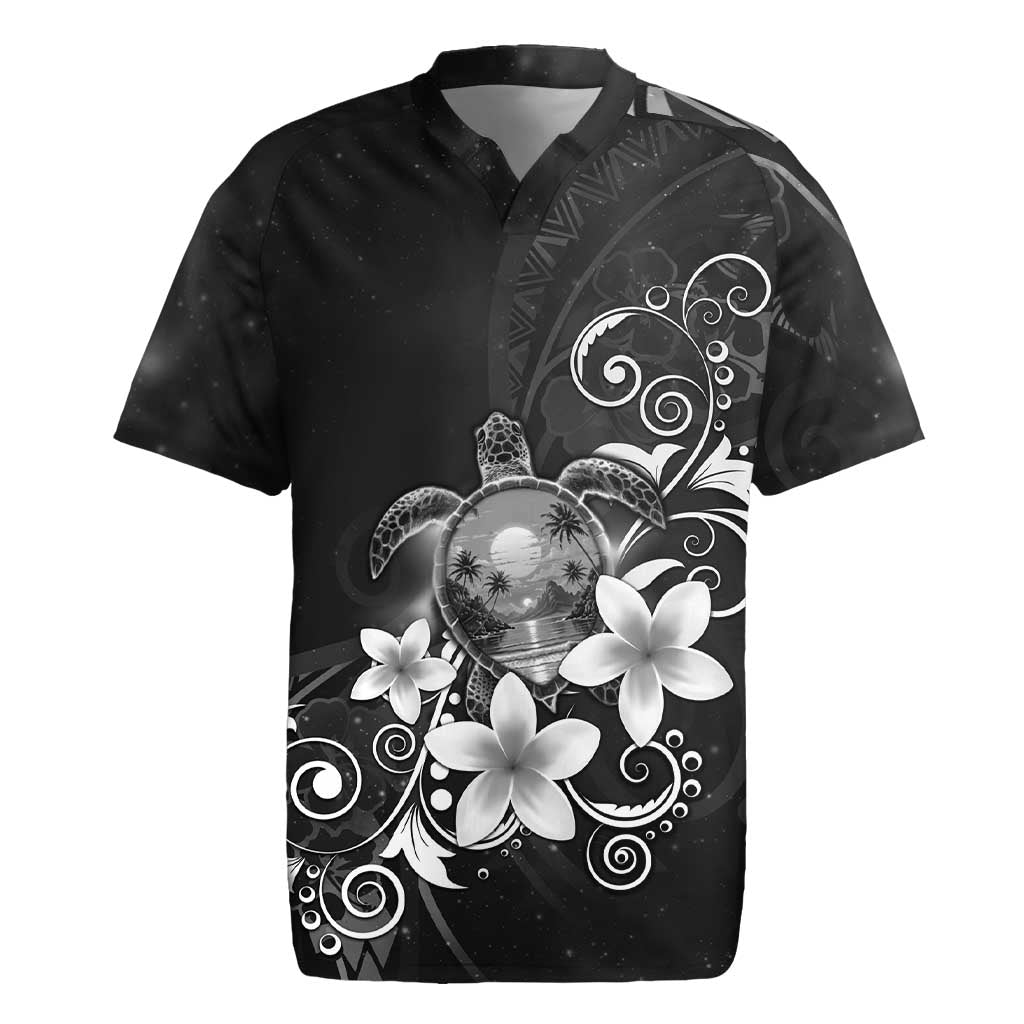 Hawaii Honu Rugby Jersey Polynesian Curves Plumeria Grayscale - Polynesian Pride