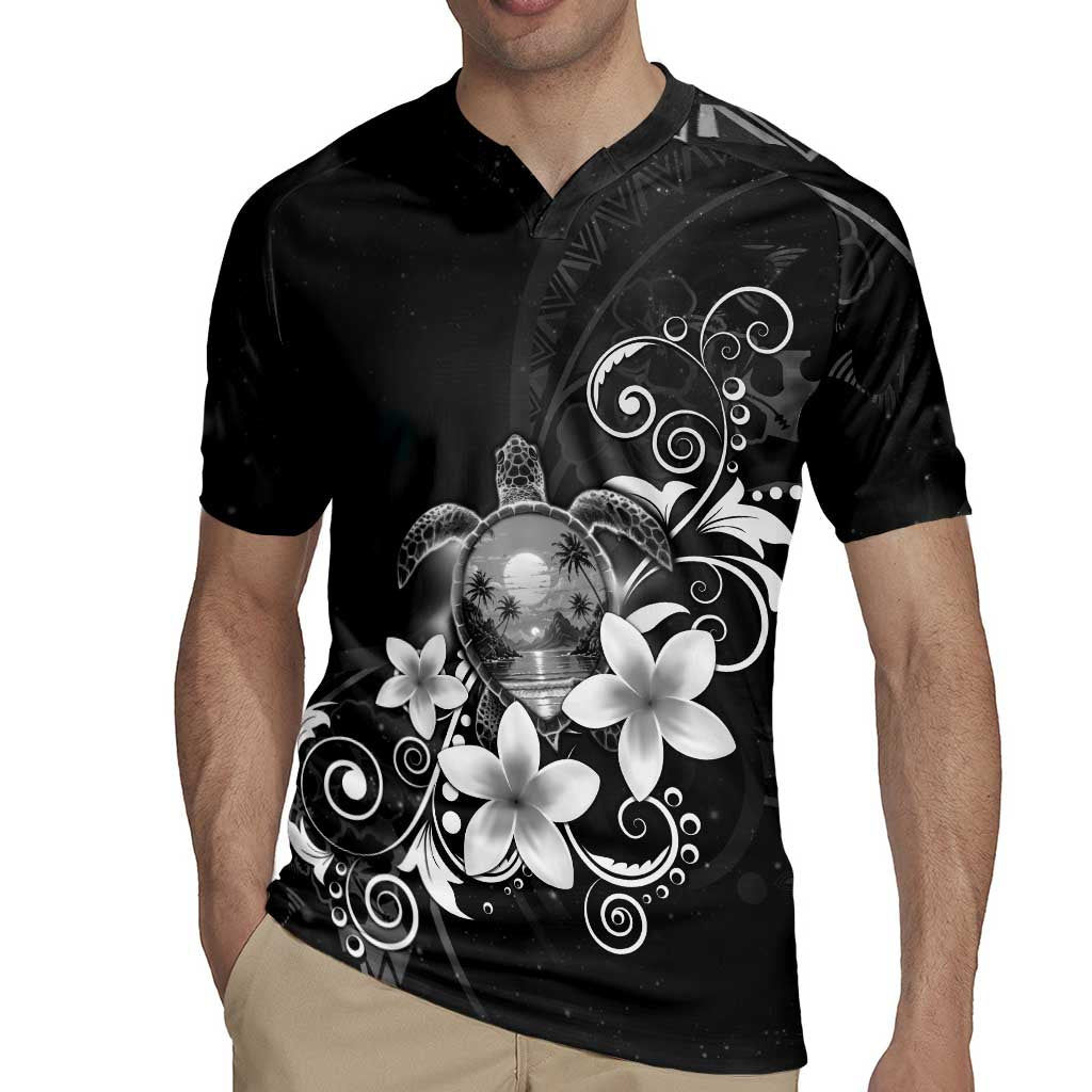 Hawaii Honu Rugby Jersey Polynesian Curves Plumeria Grayscale - Polynesian Pride